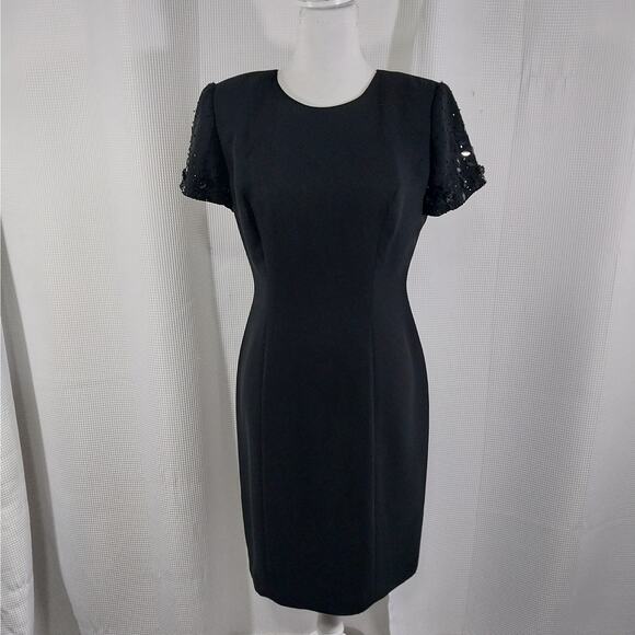 DONNA MORGAN! ELEGANT BLACK SHESTH DRESS, BEADED/JEWELED SLEEVES! SZ 8 - Picture 2 of 10